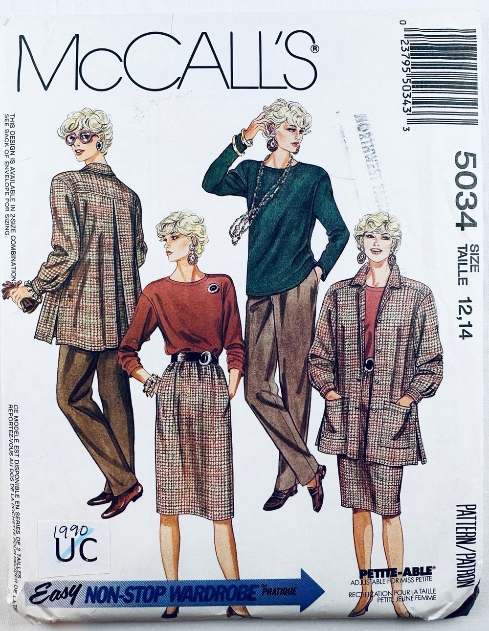 90s McCalls 5034 Jacket Top Elastic Waist Skirt Pants Pattern Sz 12-14 UNCUT.